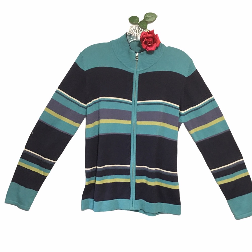 White Stag Striped Full Zip Cardigan Sweater Medium Teal Blue Black Yellow